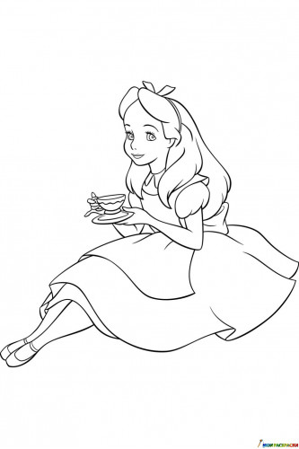 Раскраска Алиса с чашкой чая