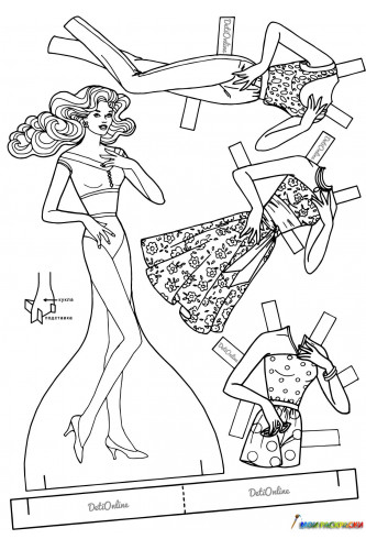 Раскраска Бумажная кукла Барби с набором одежды