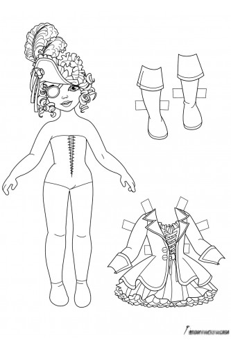 Раскраска Бумажная кукла девочка Варя с одеждой пирата