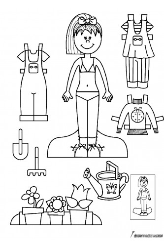 Раскраска Бумажная кукла для малышей Диана с лейкой