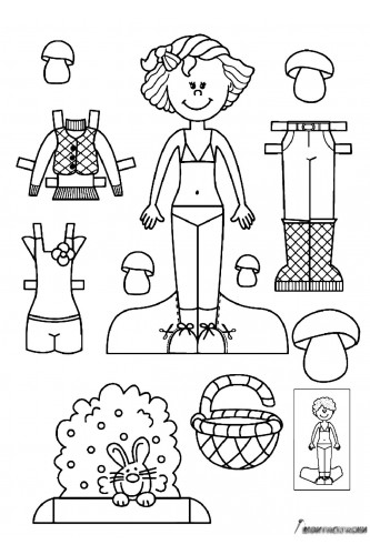 Раскраска Бумажная кукла для малышей Мила с зайчиком и грибами