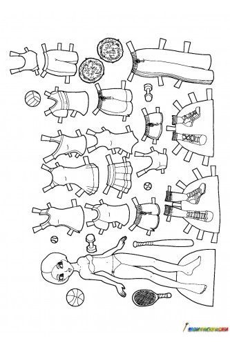 Раскраска Бумажная кукла для вырезания со споротивной одеждой