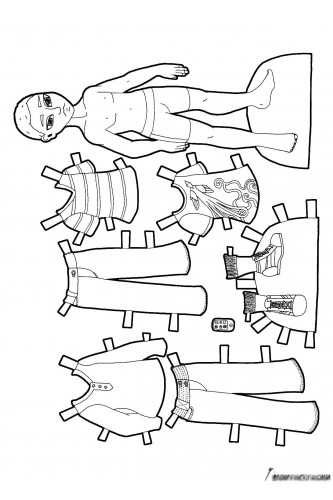 Раскраска Бумажная кукла мальчик с одеждой для вырезания