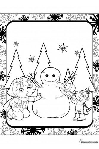 Раскраска Даша и Башмачок лепят снеговика
