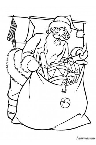 Раскраска Дед Мороз с огромным мешком подарков