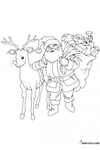 Раскраска Дед Мороз с оленем и мешком подарков