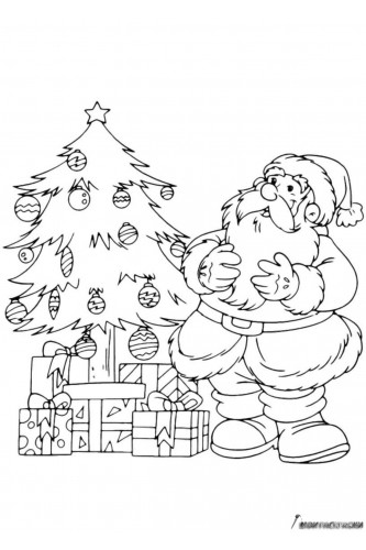 Раскраска Дед Мороз смотрит как дети украсили ёлку