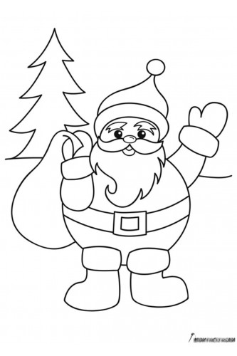 Раскраска Дед Мороз выходит из леса с подарками