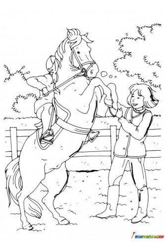 Раскраска Дети играют с лошадью