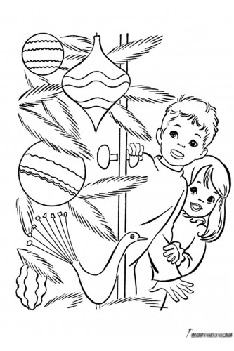 Раскраска Дети подглядывают за елкой в Сочельник