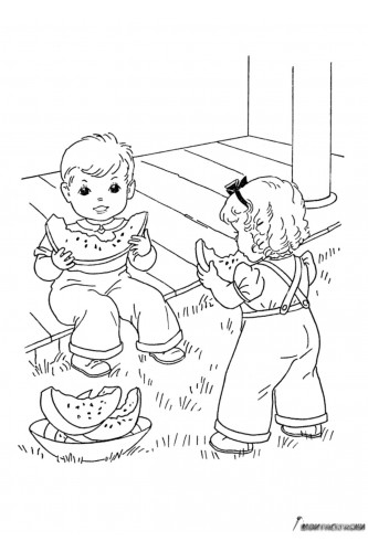 Раскраска Дети с арбузом