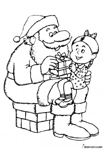 Раскраска Девочка на коленях у Дедушки Мороза