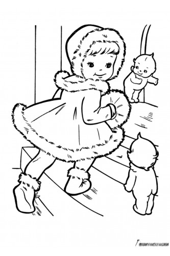 Раскраска Девочка в рождественской меховой шубке