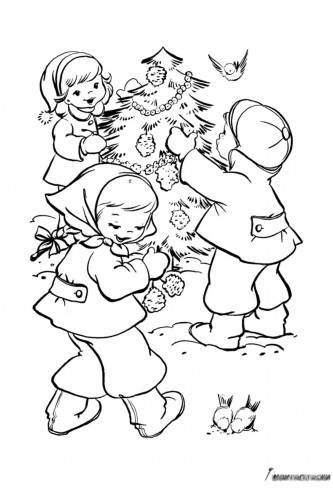 Раскраска Две девочки и мальчик украшают елку