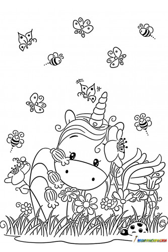 Раскраска Единорог в цветах, пчелы и бабочки