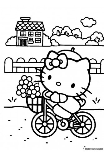 Раскраска Китти на велосипеде собралась в магазин