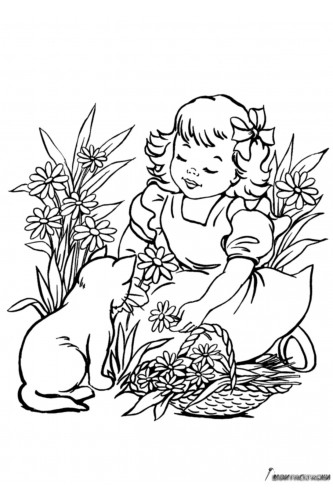 Раскраска Кот и девочка собирают ромашки