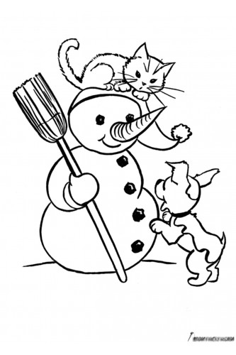 Раскраска Кот на голове у Снеговика