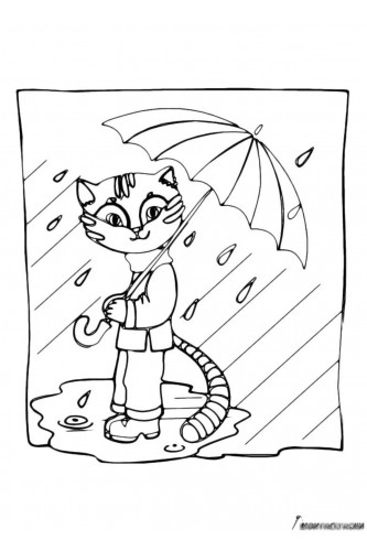 Раскраска Кот в сапогах под зонтом
