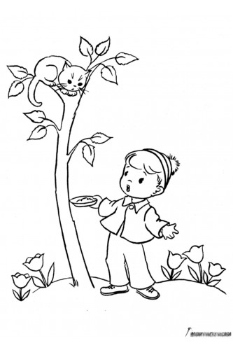 Раскраска Кот залез на дерево