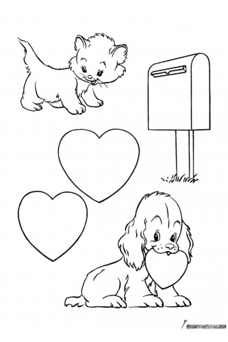 Раскраска Котик и собачка с сердечками