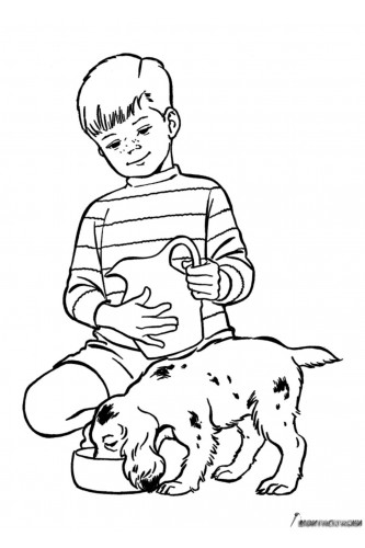 Мальчик кормит свою собаку