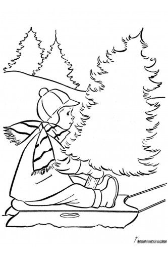 Раскраска Мальчик на санях возле елки