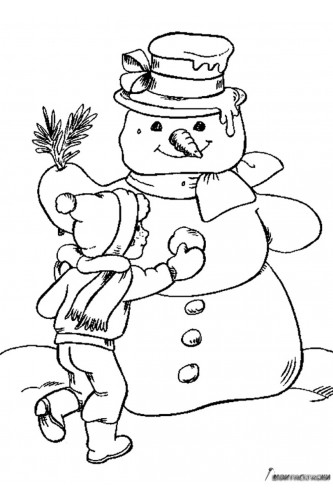Раскраска Мальчик украшает своего Снеговика