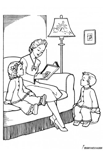 Раскраска Мама читает книгу детям 8 марта