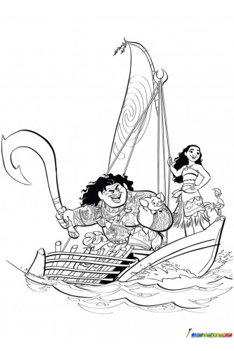 Раскраска Моана и друзья в лодке