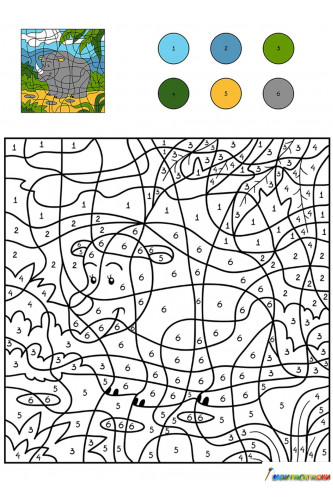 Раскраска Носорог на полянке по цифрам