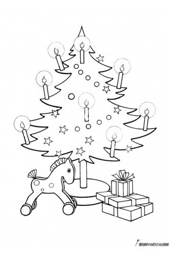Раскраска Рождественская елка с игрушечной лошадкой