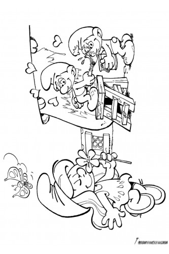 Раскраска Смурфетта с цветочком и Смурфы