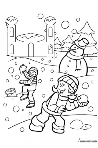 Раскраска Снеговик и дети