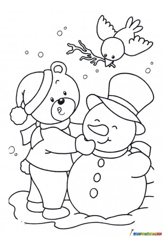 Раскраска Снеговик, мишка и птичка