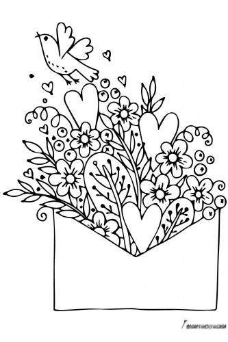 Раскраска Валентинка цветочный конверт с птичкой