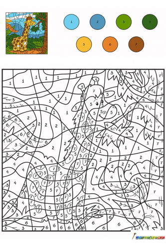 Раскраска Жираф возле дерева по цифрам