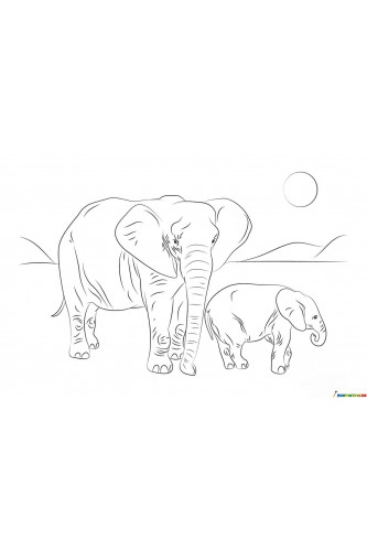 Раскраска Африканский слон с семьёй