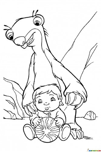 Раскраска Ленивец Сид играет с мальчиком