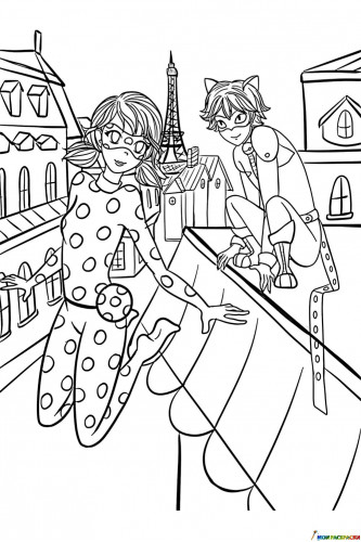 Раскраска Леди Баг и Супер Кот в Париже