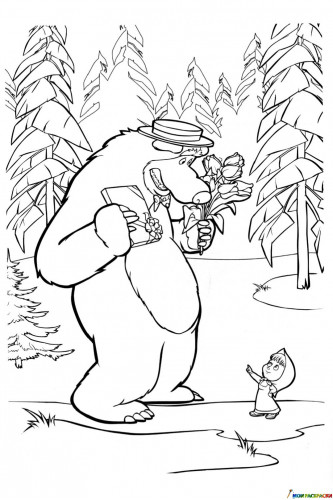 Раскраска 8 марта с Машей и медведем