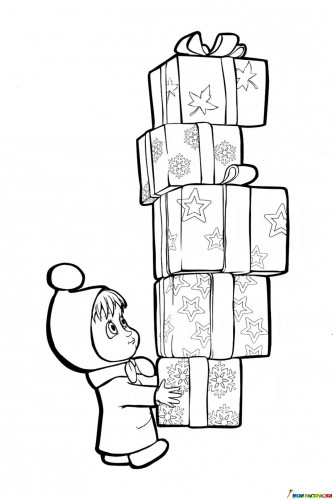 Раскраска Маша несёт коробки с подарками