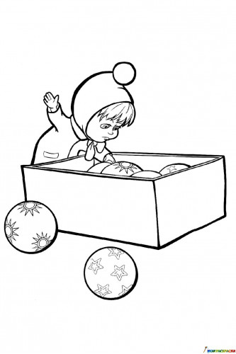 Раскраска Маша с коробкой ёлочных игрушек