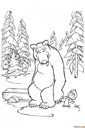 Раскраска Маша тянет медведя за собой