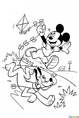 Раскраска Микки Маус и Гуфи с воздушным змеем