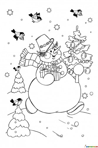 Раскраска Снеговик с ёлкой на Новый год 2021