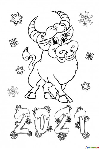 Раскраска Весёлый бык на Новый год 2021
