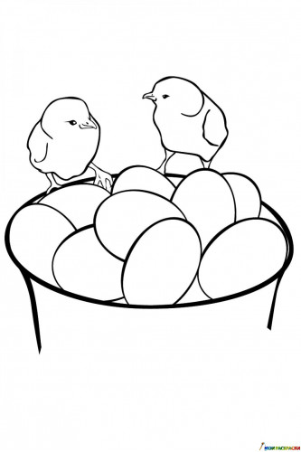 Раскраска Два птенца на миске с яйцами