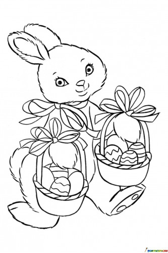 Раскраска Пасхальный кролик с двумя корзинами яиц