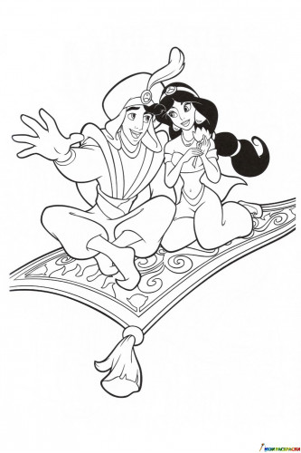 Раскраска Принцесса Жасмин на волшебном ковре